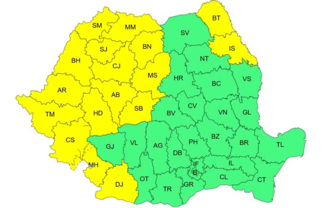ANM: 17 județe sub Cod galben de temperaturi deosebit de ridicate pe parcursul zilei de luni